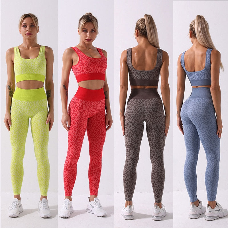 Women's Workout Sets Yoga Clothing Outfits Leopard Printed Sports Bra  Leggings Pants Set for Running Sports Fitness Gym
