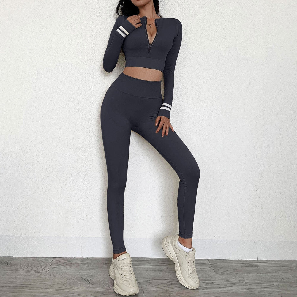 Women's 2 Piece Workout Outfits Sexy Skinny Long Sleeve Crop Top Tummy  Control High Waist Leggings Sets Yoga Tracksuit 